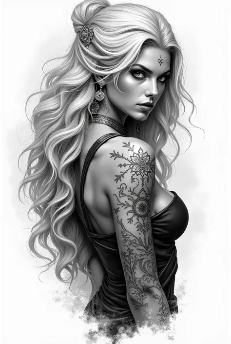 The design of a realistic black and white tattoo of a mythological warrior woman with very beautiful and very sexy white hair