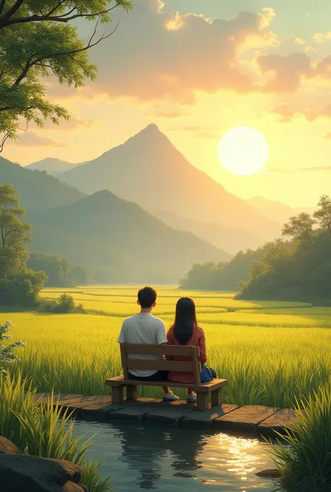  Couple sitting two on wooden chair in front of house, pinggir sawah,  looking at the fish pond ,  in the afternoon when the sun is about to sink, mountain background ,  cozy and beautiful atmosphere , art of imagination  