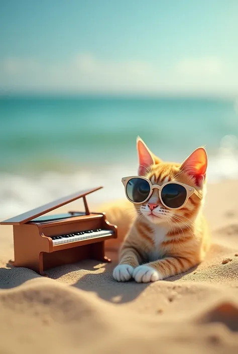  Drawing of a cat with sunglasses sitting sunbathing on the beach, next to him a small toy piano  