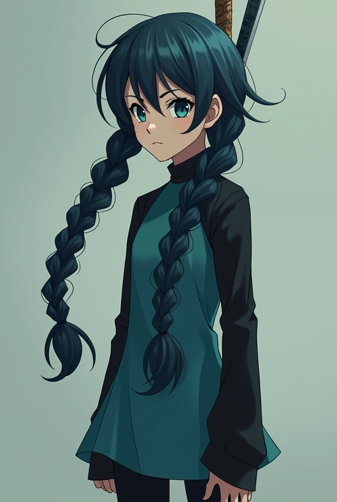 A girl who looks like thirteen from Scissor Seven with long hair wears a dark blue teal braid that looks serious and has a long black sleeve with a blue-green dress and a black calsa and a blade in her hair 