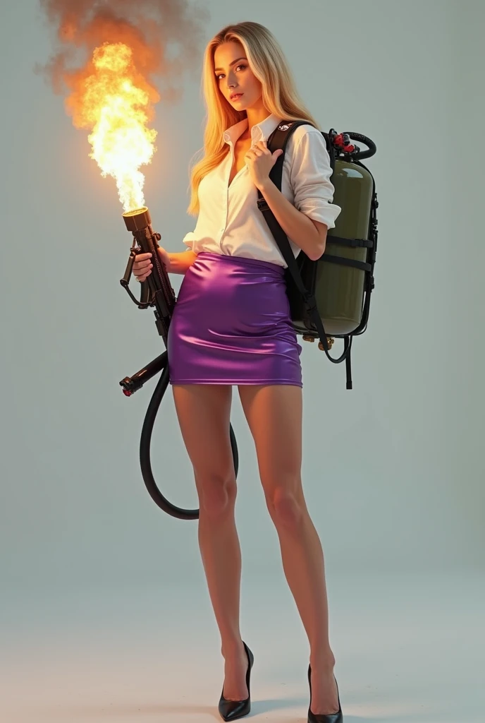 Realistic beautiful blonde office lady in a satin white shirt and purple satin tight mini skirt,  stands straight ,  Legs wide apart , full portrait,  holds a very long flamethrower ,  high-pressure fuel rifle , backpack,  a large gas tank ,  points the ba...