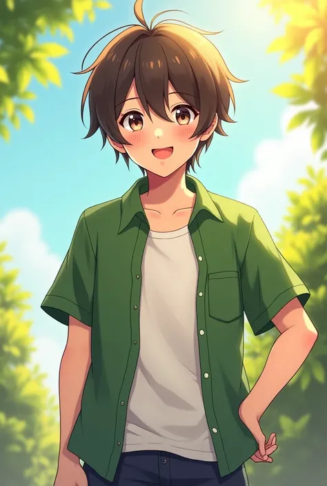 generate anon from summer time saga with a green short and a white t-shirt