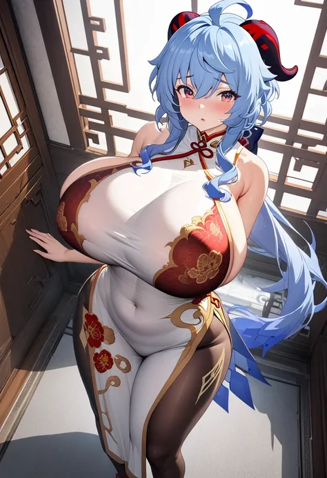 8k, masterpiece, best quality, ultra detailed, Ultra-high resolution, Highly detailed CG, break, 1girl, ganyu(genshin impact), kawaii, nsfw, gigantic breasts, (Cheongsam:1.2), full body, indoors, standing