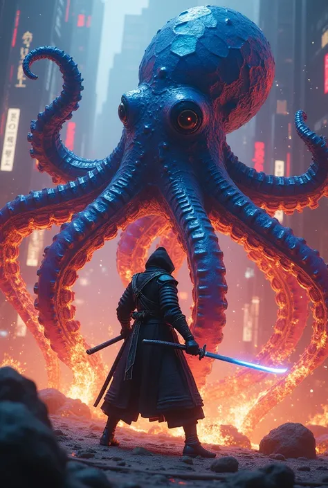 Samurai fighting an monster flaming cyberpunk octopus with neon blue