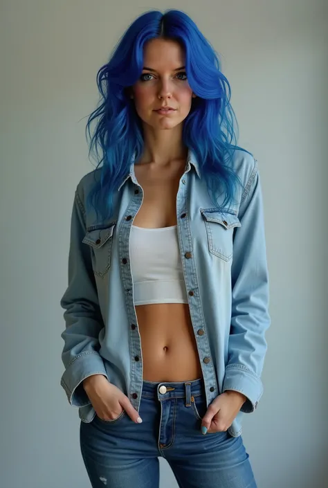 hot woman with blue hair ,  Big boobs, slim and toned. She stands with jeans with a shirt 