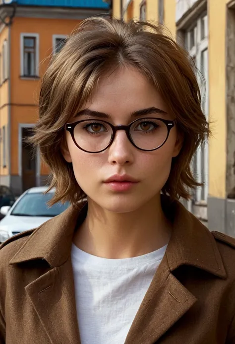 Masterpiece, ultra-realistic photography, high quality, perfect anatomy; randomly but elegant completely and full dressed to predominantly comfortable practical mens style of clothing pretty russian girl 28yo, rounded face, elegant glasses, extremely small...