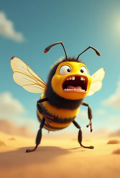 A single animated bee standing in bottomless frightened emotion 
