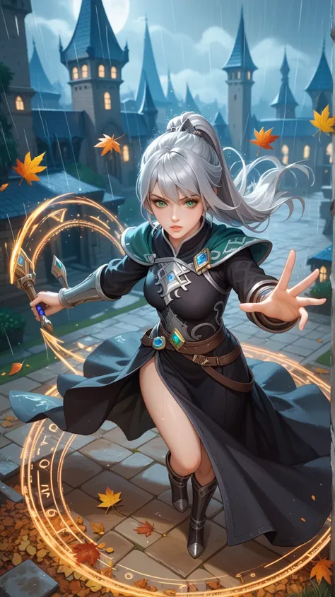 nsfw,high quality,masterpiece, best quality,uncensored, 1 girl,sorceress, warlock,battle mage, green eyes, long silver hair, long hairstyle with bangs, black fantasy clothes, warlock clothes, black tunic, magic clothes,silver details, creates a spell,dark ...