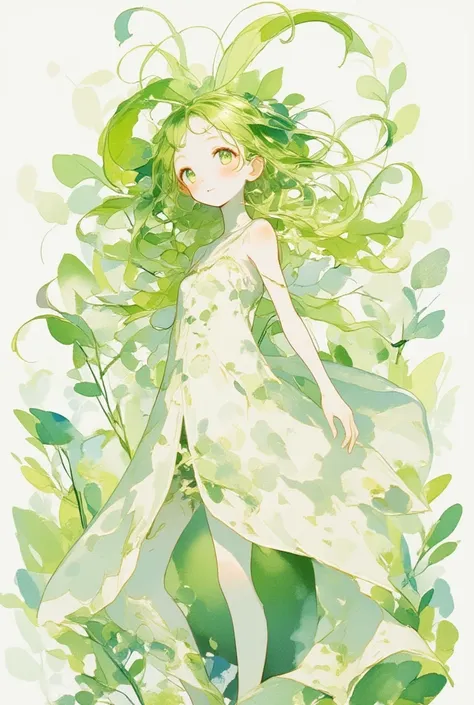 A white-skinned cute daikon lady in dress made of daikon skin. green leaves hair. smile. fantasy art, watercolor painting