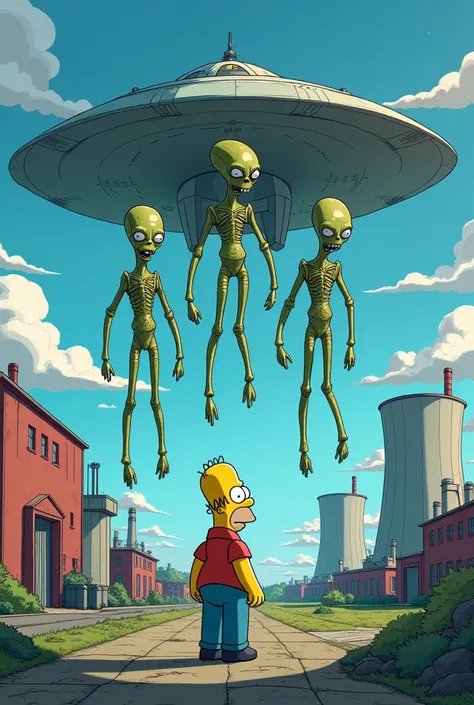 Fassa an image based on the drawing  "os simpsons"  of three aliens descending from the ship in the yard of the power plant that Homer works on and he sees himself as very frightened!