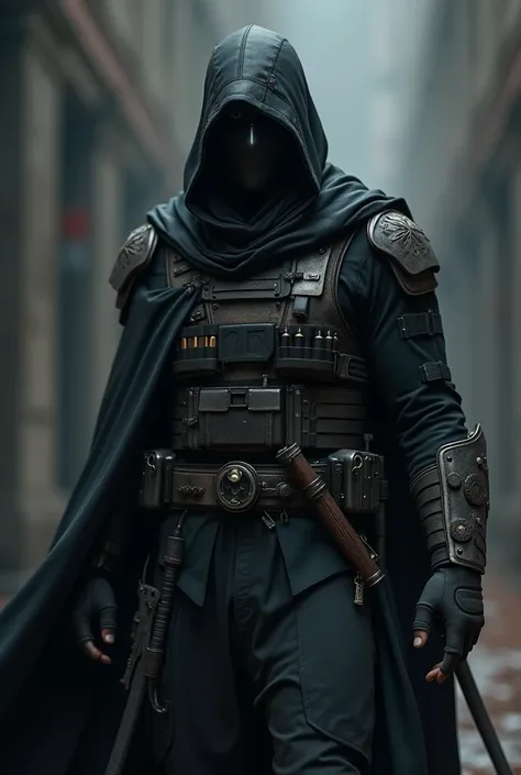 Draw an assassin with a cape and hoodie also a face covering mask. Dark and deep black with silver color. A hard body vest carrying some tactical weapons like swords on the back, daggers, ninja stars, nanchaku, guns and ammos.