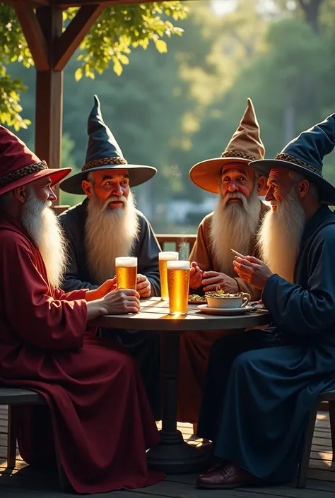 4 wizards gathered sitting on a backyard porch drinking beer and smoking cigarettes and laughing