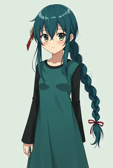 An 18-year-old girl who looks like thirteen from Scissor Seven with long hair wears a dark blue teal braid that looks serious and has a long black sleeve with a long and thin green blue dress and a black stocking and a blade at the tip of her hair 