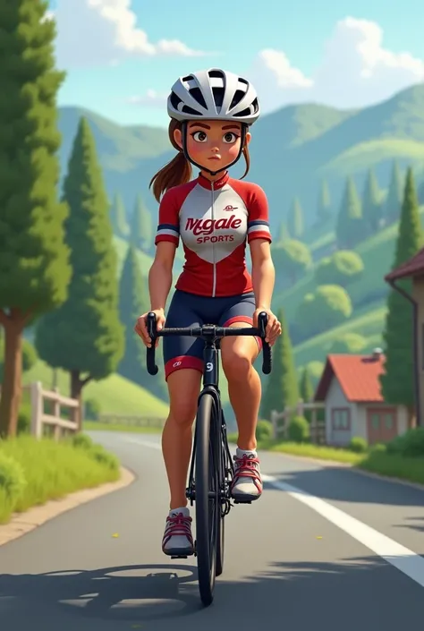 A girl wear a cycling jersey with mygale sports logo with a road side background