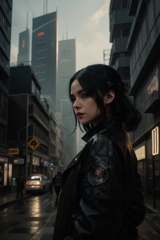 there is a woman in a black jacket standing in front of a building, stunning digital illustration, gothic city streets behind her, the cyberpunk girl portrait, beautiful digital artwork, tom bagshaw style, urban girl fanart, artwork in the style of guweiz,...