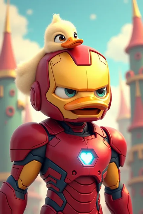 Draw Iron Man in a cute way with a duck character