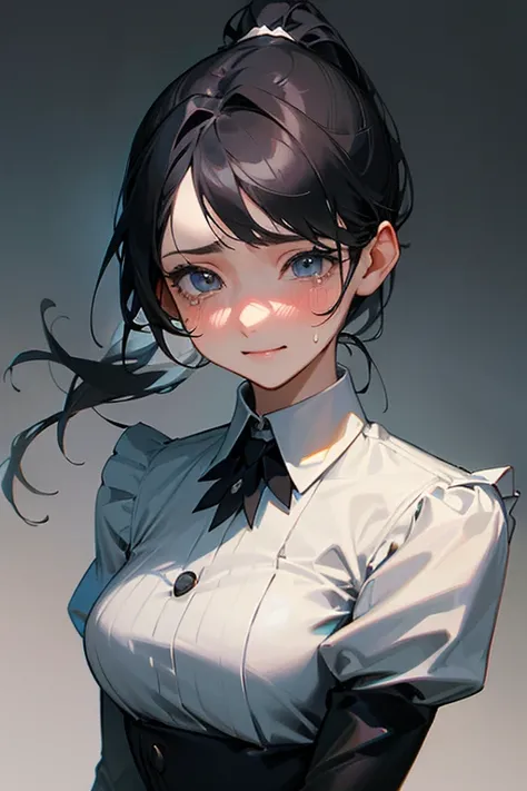 (    highest resolution, Clear_image)、(     best quality).single, One woman, Alone, masterpiece, ((    ponytail)).Semi-realistic,       black hairのショートヘア,  ((Tears flow from one eye  )).     black hair, bangs, 18 years old, Mature, light blue uniform, unif...