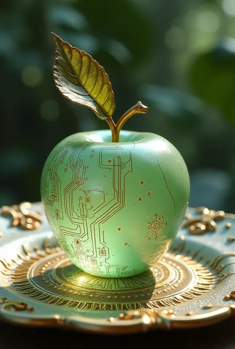 Glass apple, transparent pale green tint glass, gold circuit board pattern on apple, resting on a fancy fantasy plate