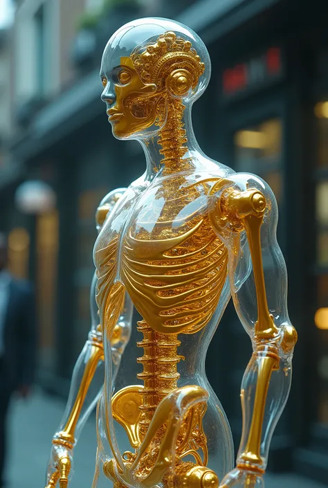 live-action、 real、 clear glass android、 slender muscular male body 、 is visible、The golden internal structure of the robot skeleton 、 Cyberpunk、Fluid glass 、
