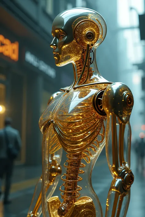 live-action、 real、 Android with clear glass body、 slender muscular male body 、 is visible、The golden internal structure of the robot skeleton 、 Cyberpunk、Fluid glass 、
