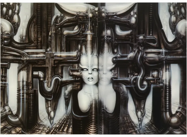 H. R. Gigers , g1g3r, Giger_style, The image is a detailed view of H.R. Gigers " Li II " plate, featuring a close-up of a complex, intricate, and detailed metal sculpture of a creature with a skull-like face and a long neck, surrounded by a network of pip...