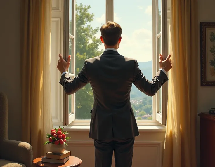 A well-dressed person opening the window in the morning realism