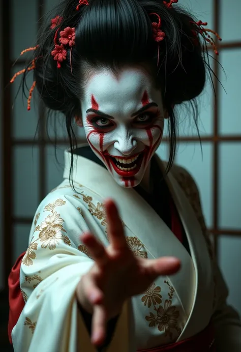 Close range view of close up horrorcore  of dark hyper detail fearced creepy demonic zombie fierced evilish geisha, messy hairs, red around eyes area , smirking, sliced mouth, fangs, intricately detail white kimono with patterns, white painted face , paper...