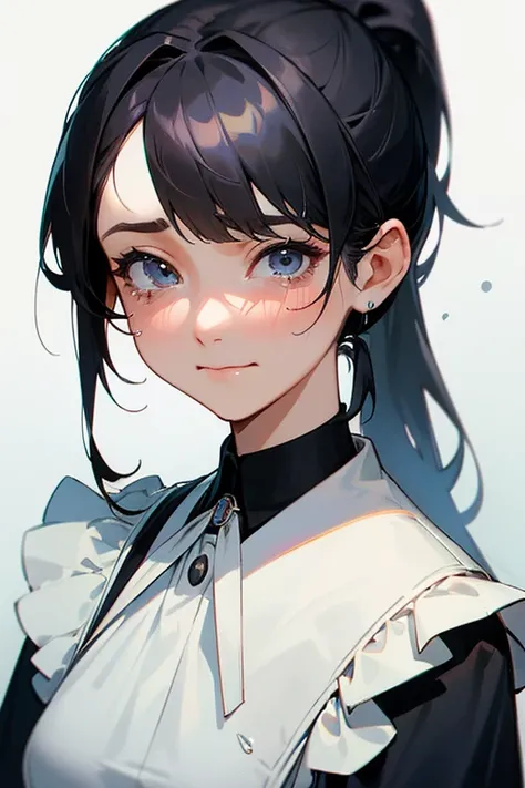 (    highest resolution, Clear_image)、(     best quality).single, One woman, Alone, masterpiece, ((    ponytail)).Semi-realistic,       black hairのショートヘア,  ((Tears flow from one eye  )).     black hair, bangs, 18 years old, Mature, light blue uniform, unif...