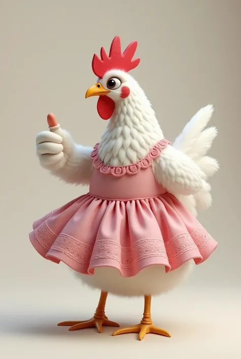 realistic white hen with a right profile with her left wing raised making a sign as if she were raising her thumb wearing a pink dress