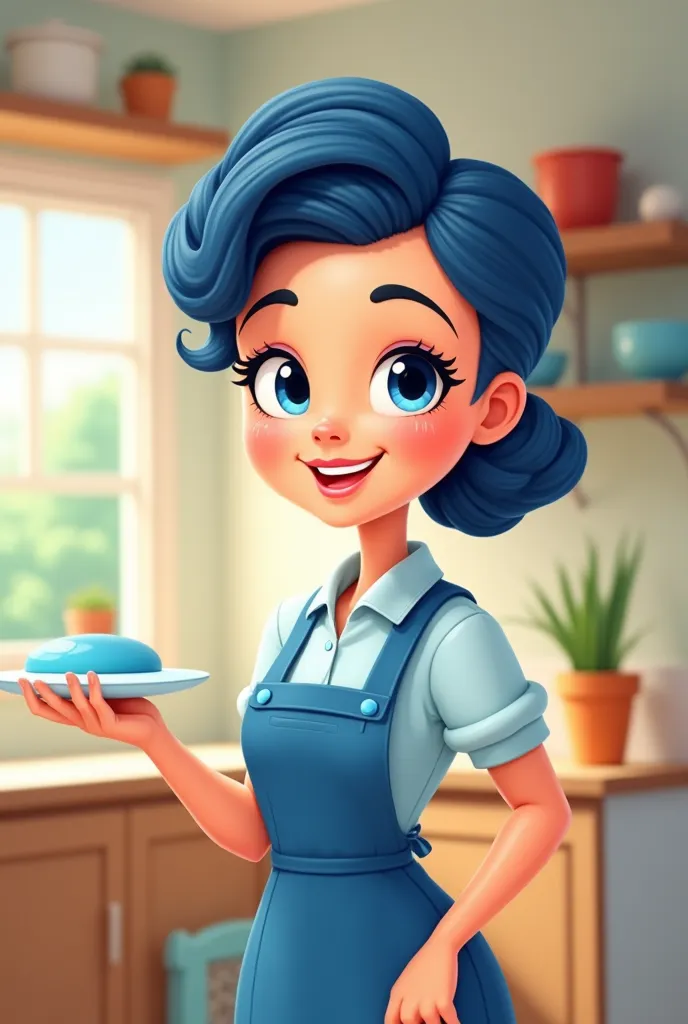 a pretty cartoon woman household assistant in blue clothes