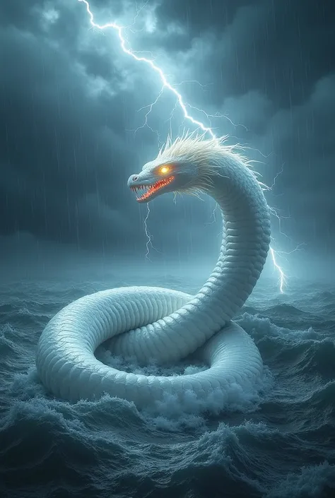 "Create a cinematic, hyper-realistic depiction of Jörmungandr, the Norse World Serpent, with a white, glowing body that stretches endlessly across the ocean. The serpent’s massive body should coil and spread across the sea, its iridescent white scales shim...