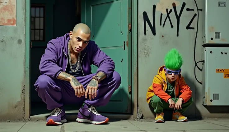  A young bald cheeky guy with a tattoo on his face and Hands in purple-green fashionable clothes squatting in the entrance of a high-rise building,  next to the power bank with the inscription text  "N IX Y Z",
 on the wall graffiti text  "N I X Y Z ", 
 s...