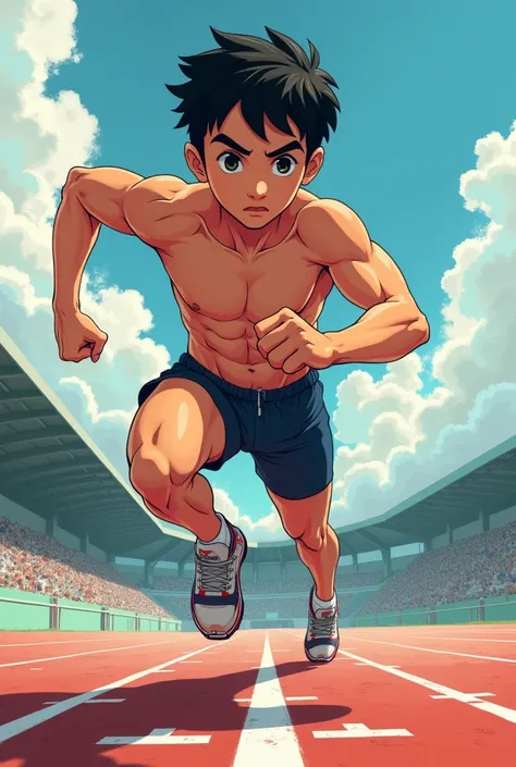 Please draw a manga-style picture of a boy wearing track and field athlete spats.