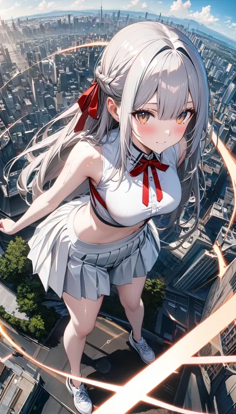 Masterpiece,perfect face, 8k,perfect anatomy,top quality, super detailed,(ultra detaile),extremely detailed CG unity 8k wallpaper,ultra hires,(gleaming skin:1.5),1girls,city, Long Hair,long Bangs,silver Hair, White Pleated Skirt,(Red ribbon , half up),stan...