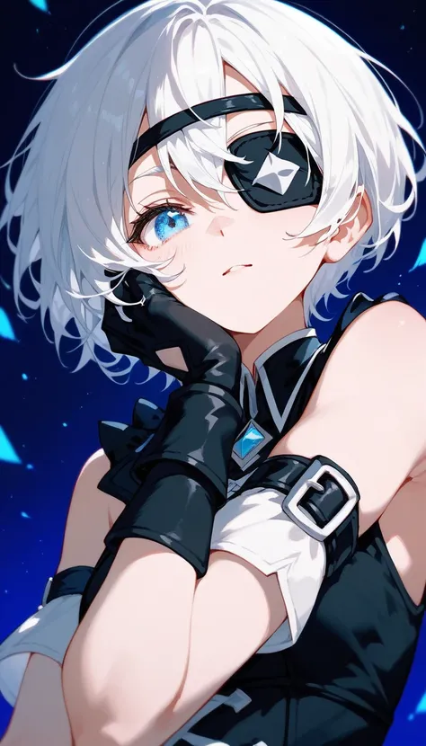  ,White hair,Short hair, eyes patch, in blue eyes, Medium Chest,Dark circles under the eyes,cute,Wearing black gloves ,Sleeveless shirt,Black Cuff Sleeve ,