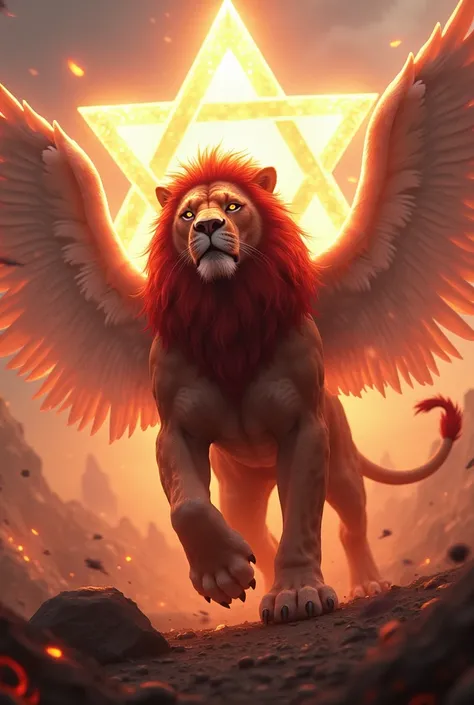 Create a red lion with white wings in the war with the star of DAVID 
