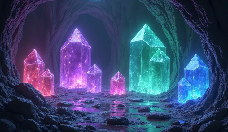 A dark cave filled with oversized glowing gemstones in shades of amethyst purple, sapphire blue, and emerald green, casting ethereal reflections on the rocky walls.