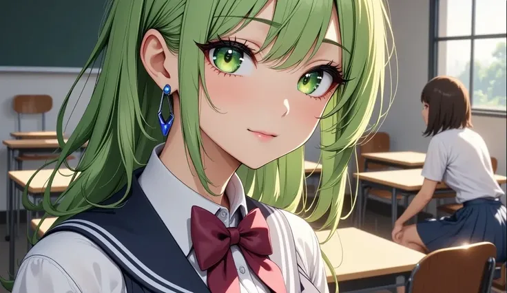 (masterpiece、 please redeem 、 Very detailed))、 one girl、Improve、Green gradient hair、Long Hair、Bright green eyes、wicked smile、(( open your mouth))、(( lots of earrings))、(( Big Breasts ))、(( White Collared Shirt ))、、Bow tie、(( black pleated skirt))、(( minisk...