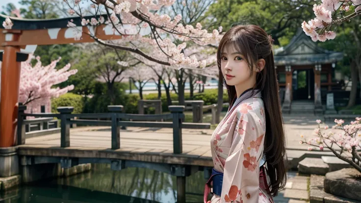 Ruzan-6500-v1.1, ( RAW Photos:1.2), ( Photo Real), (Genuine:1.4）I can see cherry blossoms 、Photographed with the Senbon Torii Gate of Fushimi Inari Shrine in the background、Take a picture of a standing pose、Camera taken away 、 women wearing green、 taken so...