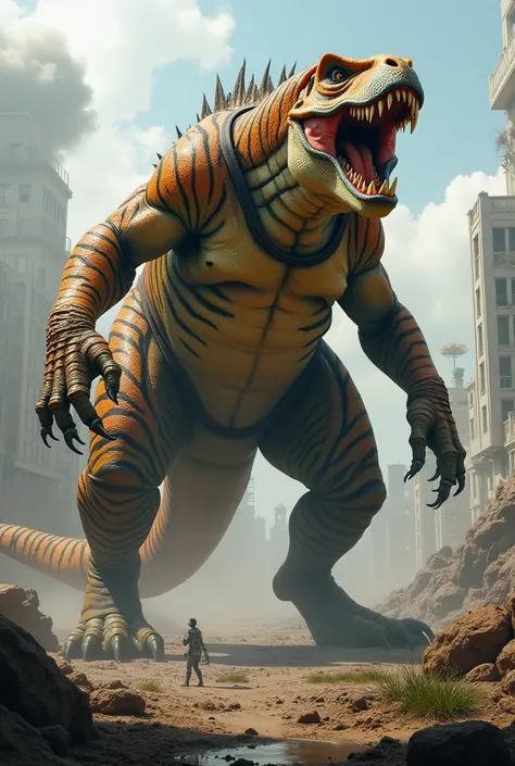  Animal resulting from the merger between a tiger, a Tyrannosaurus Rex and a snake , with an aggressive posture, in a war scenario.