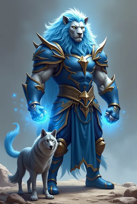  Humanoid lion with slightly thin blue features ,  with blue and gold armor covering the chest ,  with fists closed with blue light , It is a gray pet wolf .
 It must also have a noble blue seal ring on the right ring finger.
