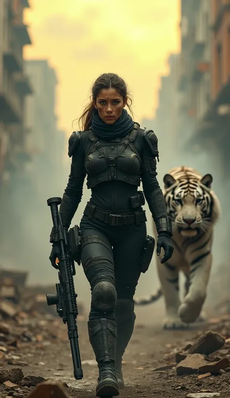 masterpiece, Highest quality, High resolution, Rich details, 8k, Extreme light and shadow, Image of a beautiful young woman wearing black armor tactical gear, dirty and dusty , holding long canon riffle, Walk through the ruined streets of a collapsed city,...