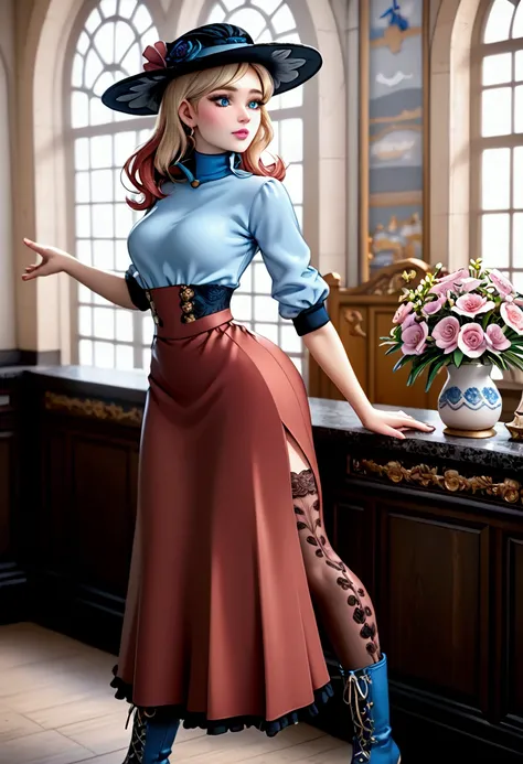 score_9, score_8_up, score_7_up, (masterpiece, UHD, 8K, 16K, ultra detailed), nsfw, pov, 1female, 14yo blonde Gibson Girl, blue eyes, long hair, (((stylish 1900_dr3ss:1.5, high-collar shirtwaist, extravagantly ornate wide-brimmed satin hat fully topped wit...