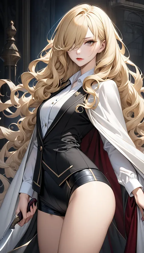 solo。
 realistic drawing。High image quality。 High Quality 。Slender Slender 。British women。 blonde hair 。Long fluffy curly hair。（Cover one eye with hair）。Vertical side hair。gorgeous cloak。 Elegant Outfits 。 shirt and hotpants。｛ The Killer Who Uses a Knife｝