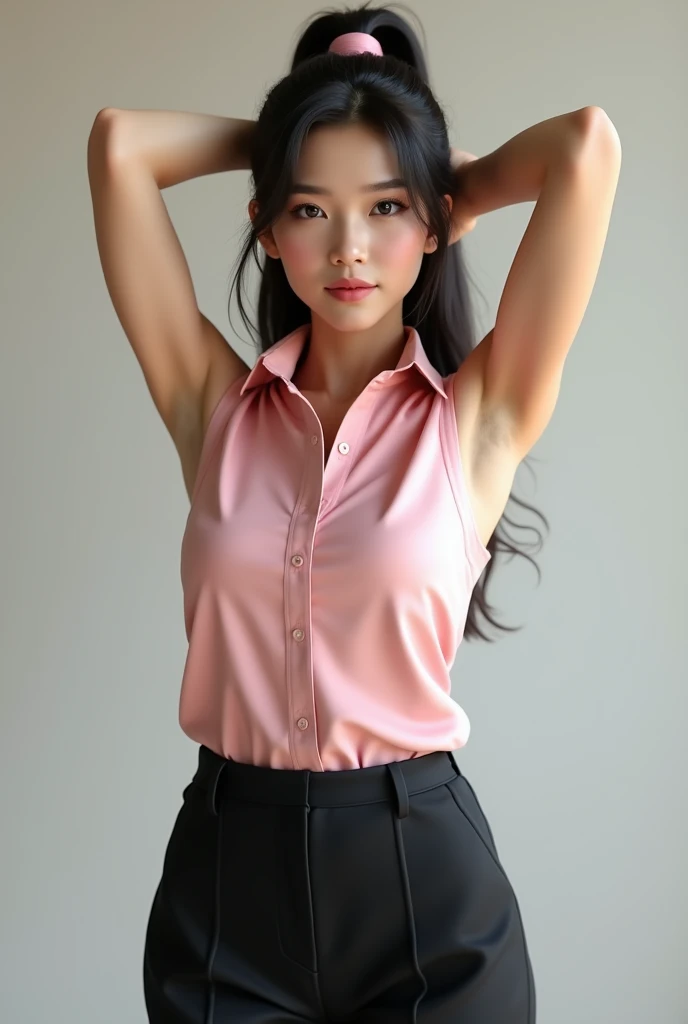 Create an image of a realistic asian woman with a thick body wearing a pink sleeveless buttoned shirt with a collar, tucked in her black trousers. Have her tying her hair into a ponytail showing her smooth armpits. Have her trousers tucked in higher above ...