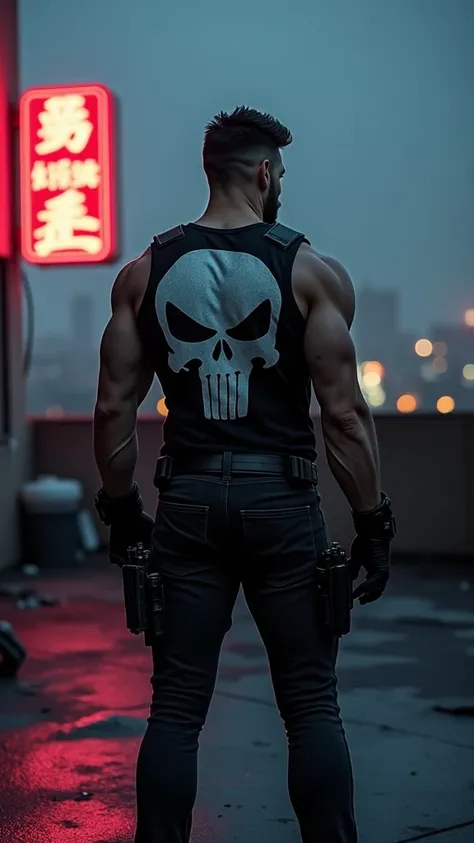 Marvels (The Punisher), (((full length image))), he has a skull image on his vest, standing on a dark rooftop, photorealism, (((looking at camera))), (cosplay), viewed from the rear, detailed hair, neon lighting in the background, gritty image, BBIC.