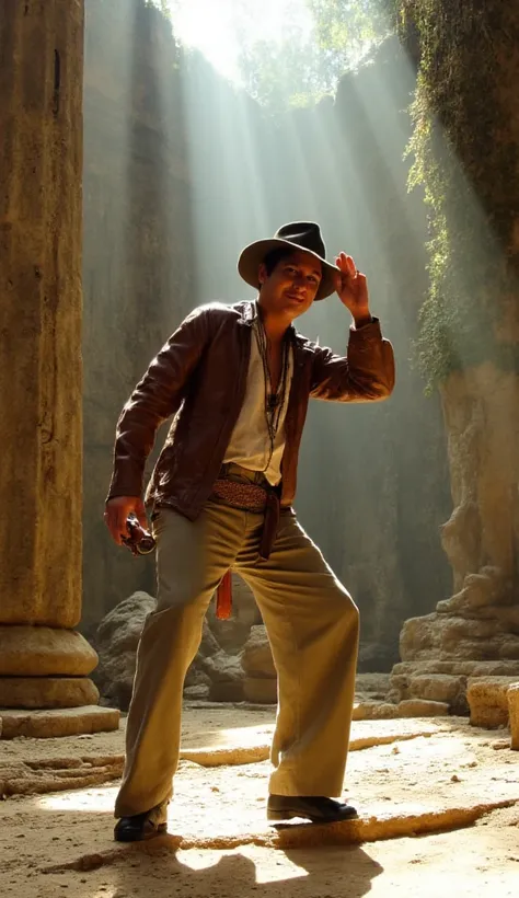 Create an image of Elvis Presley dressed as Indiana Jones, dancing and shaking his hips in a lively and energetic manner, set against the backdrop of an ancient temple.

Details:

Elvis as Indiana Jones:

Appearance: Elvis is dressed in the classic Indiana...