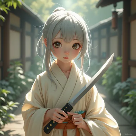  boys　 Silver Hair　 Low Ponytail 　I have 　 cute　kimono　knife