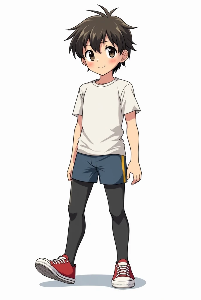 Draw a manga-style picture of Shota wearing short tights and a t-shirt for track and field athletes that fit snugly.