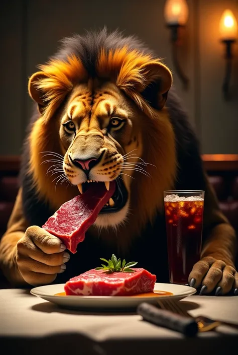 A lion eating meat and drinking Coke in the restaurant at night 